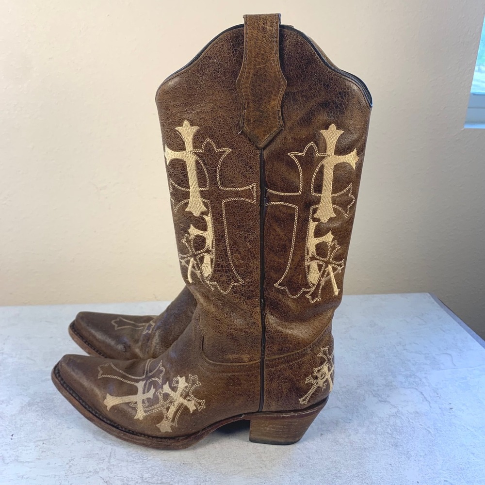Circle G Corral L5042 Cross Embroidered Cowboy Boots Brown Women's 8.5M